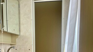 A bathroom with a shower, sink, and toilet. - ZP 360 - Camping de Zandput (Vrouwenpolder)