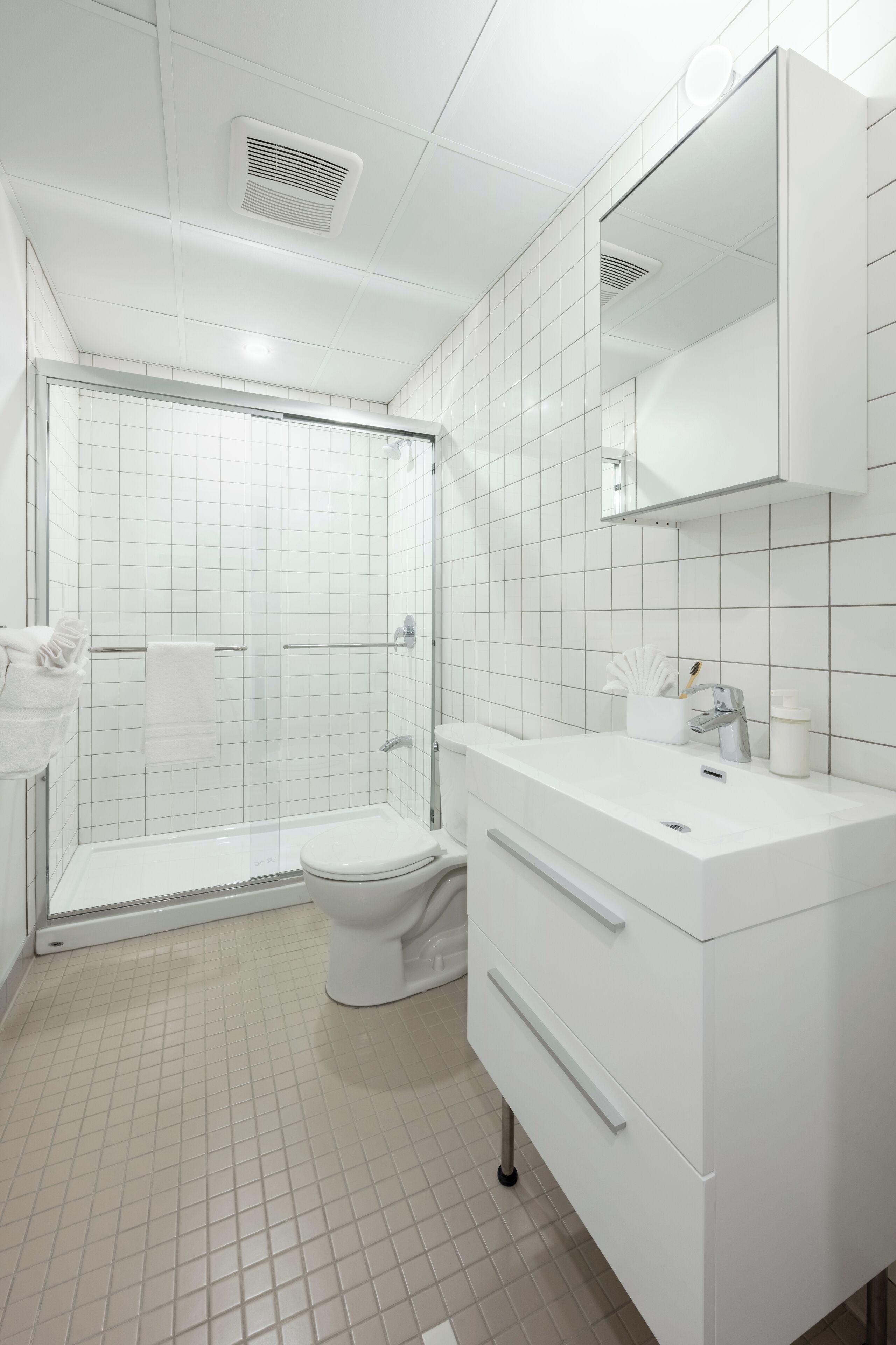 A modern bathroom with a walk-in shower, toilet, and a vanity with a mirror and sink.