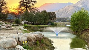 A serene outdoor area with a water feature, large rocks, and a picnic table.