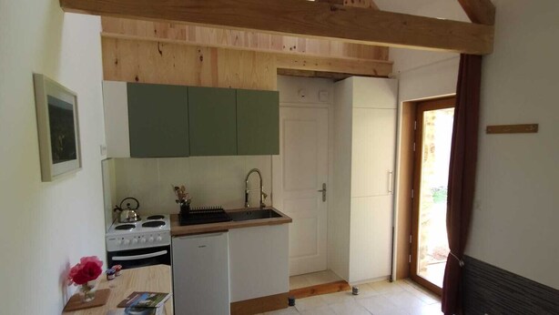 A compact kitchen with a stove, sink, and green cabinets, a dining area with a table and chairs, and a bed in a room with exposed wooden beams and a sloped ceiling. - Gîte/Studio sleeps 2 with enclosed garden (pets welcome) and large shower. (Loubressac)