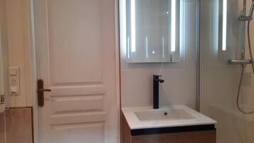 Une salle de bain avec une porte blanche, un lavabo surmonté d’un miroir et un espace douche.