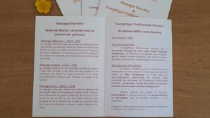 A brochure with information on various massage services and their prices. - Gîte/Studio sleeps 2 with enclosed garden (pets welcome) and large shower. (Loubressac)