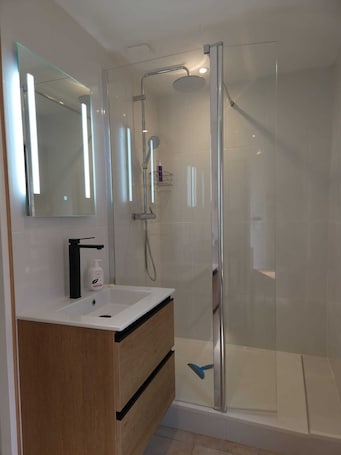 Shower, hair dryer, towels, soap. Gîte/Studio sleeps 2 with enclosed garden (pets welcome) and large shower.