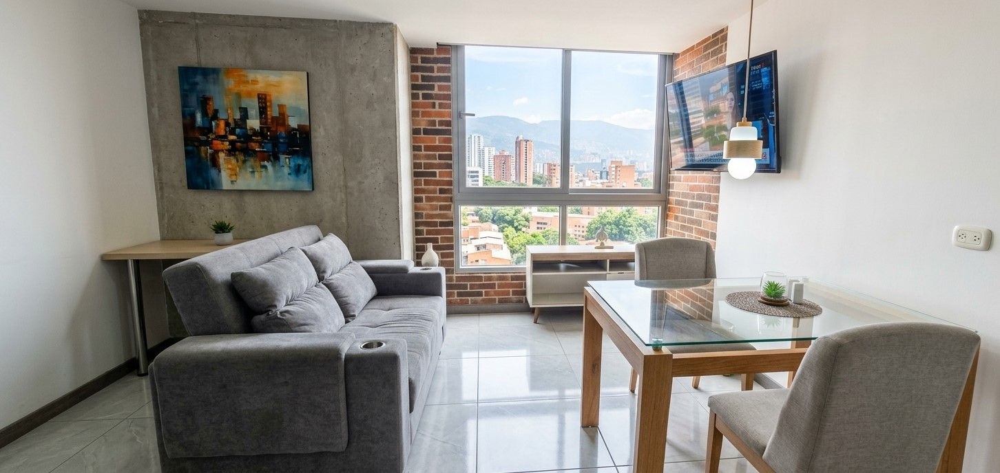 A modern living room with a grey sofa, a glass dining table, and a city view through a large window.