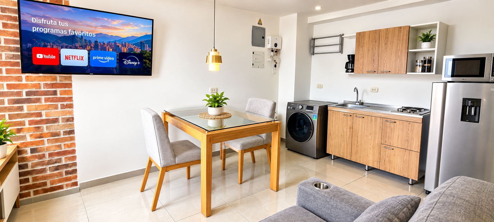 Un salon moderne doté d’un téléviseur à écran plat, d’une table à manger avec des chaises, d’un canapé, d’un lave-linge et d’un coin cuisine avec des meubles en bois et un réfrigérateur.