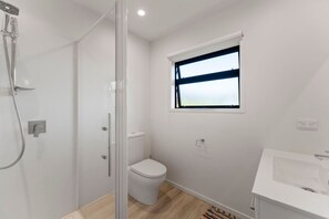 A modern bathroom with a glass shower enclosure, a toilet, a window, and a sink.