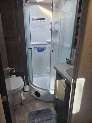 Shower, towels, soap, toilet paper