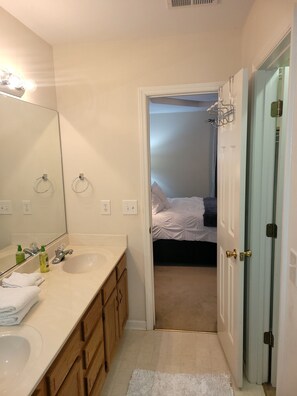 Hair dryer, towels, soap, toilet paper