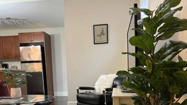 Une cuisine moderne avec un plancher en bois foncé, un coin repas doté d’une table en verre et une plante en pot.