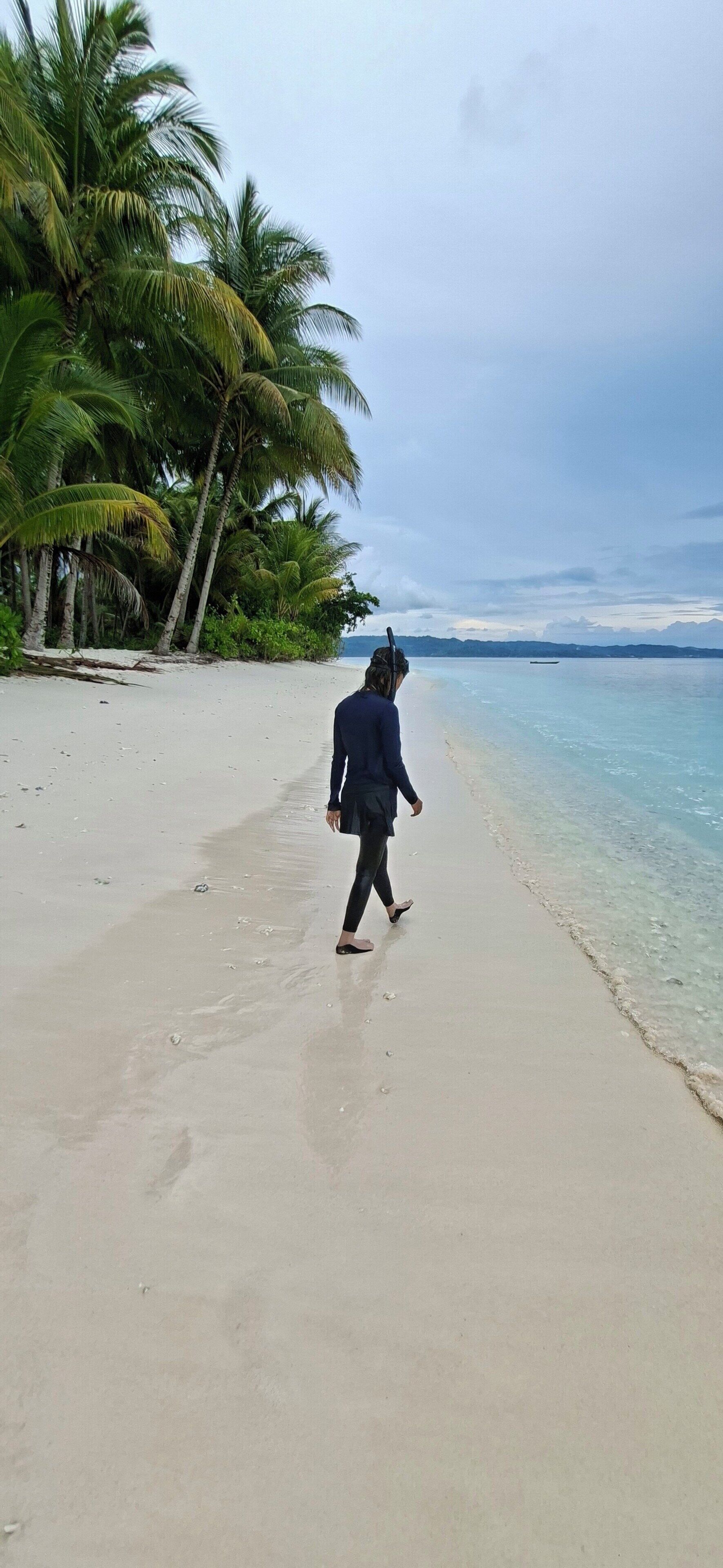 Eine Person spaziert am sandigen Strand, im Hintergrund Palmen und ein Boot.