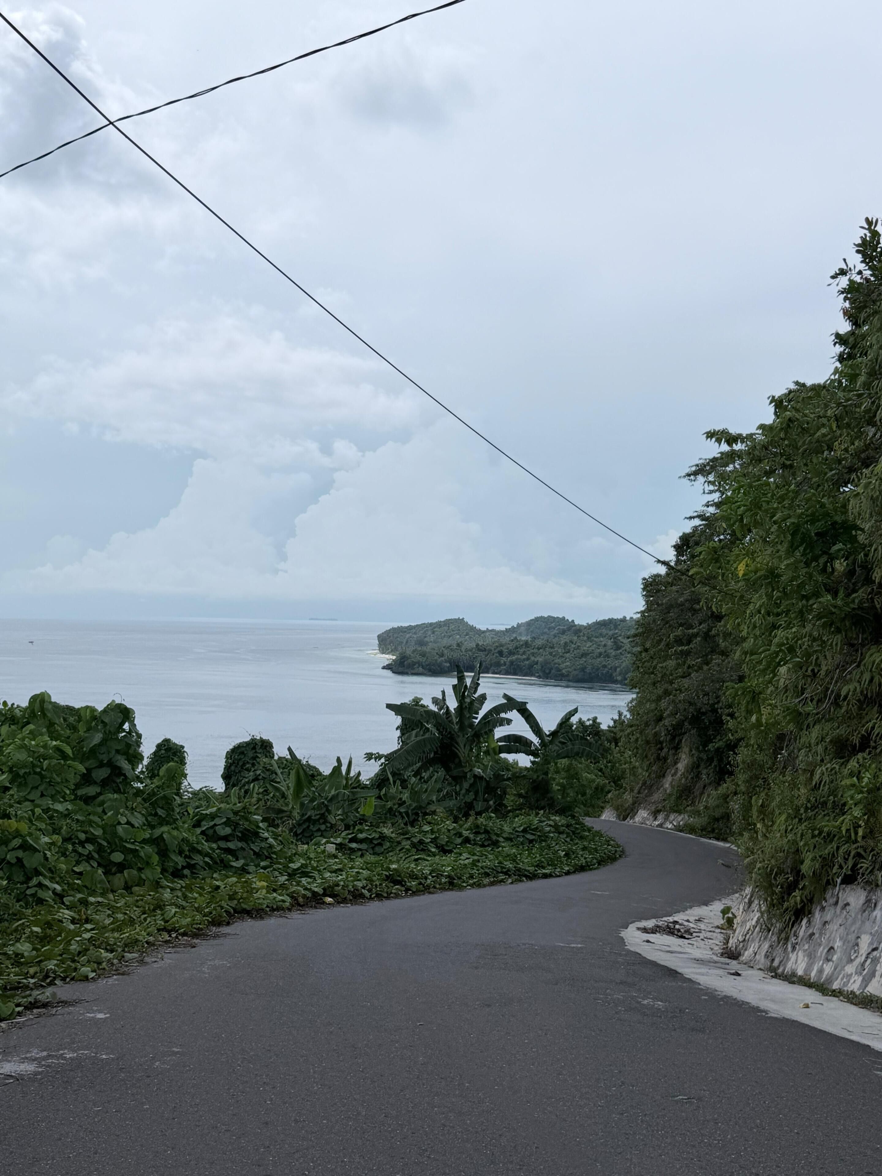 A winding road with a view of the sea and a small island.
