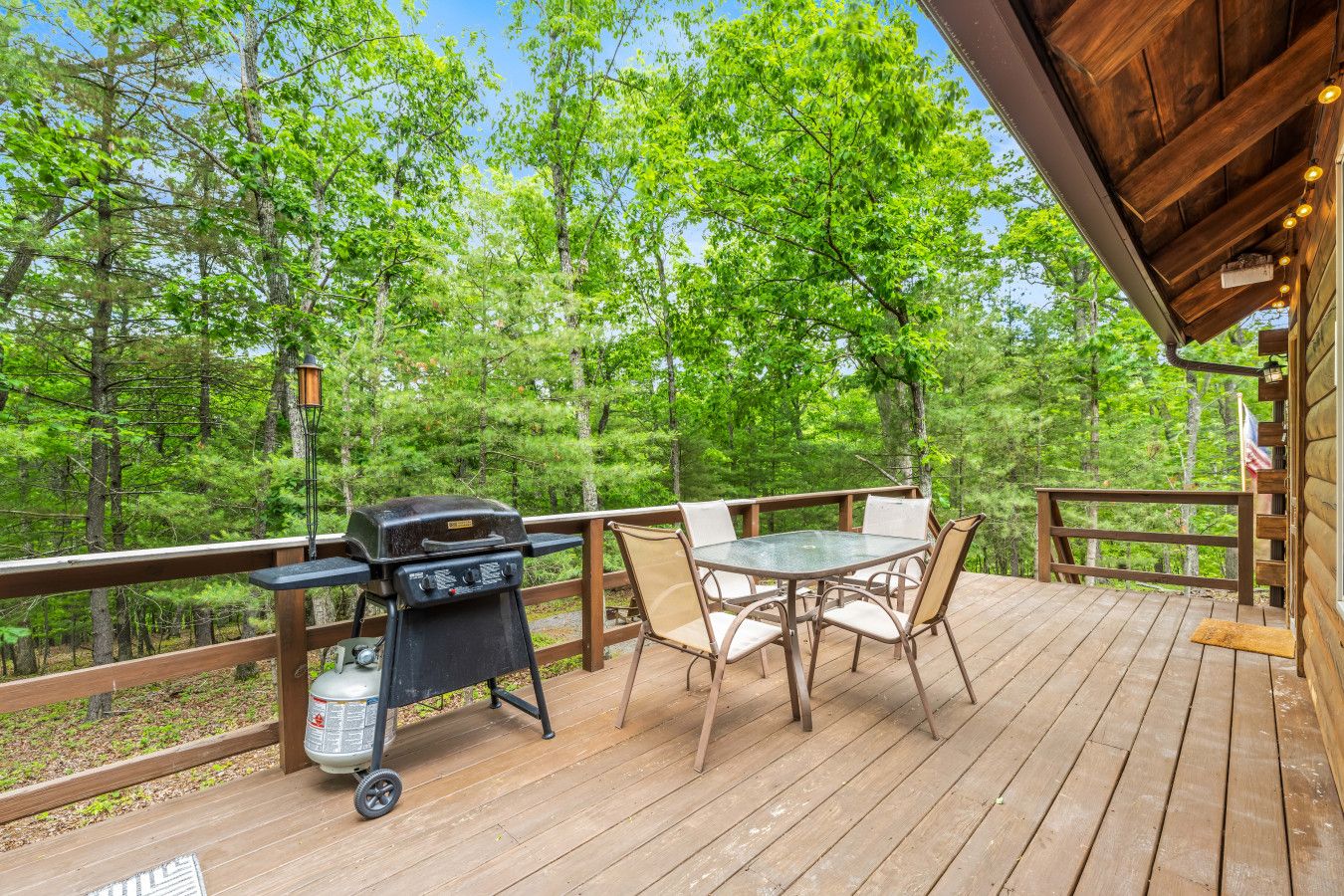 Une terrasse en bois avec un barbecue et une table, entourée d’arbres.