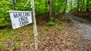 A wooden signpost with 'MALLARD CREEK CABIN' written on it, indicating a cabin location.