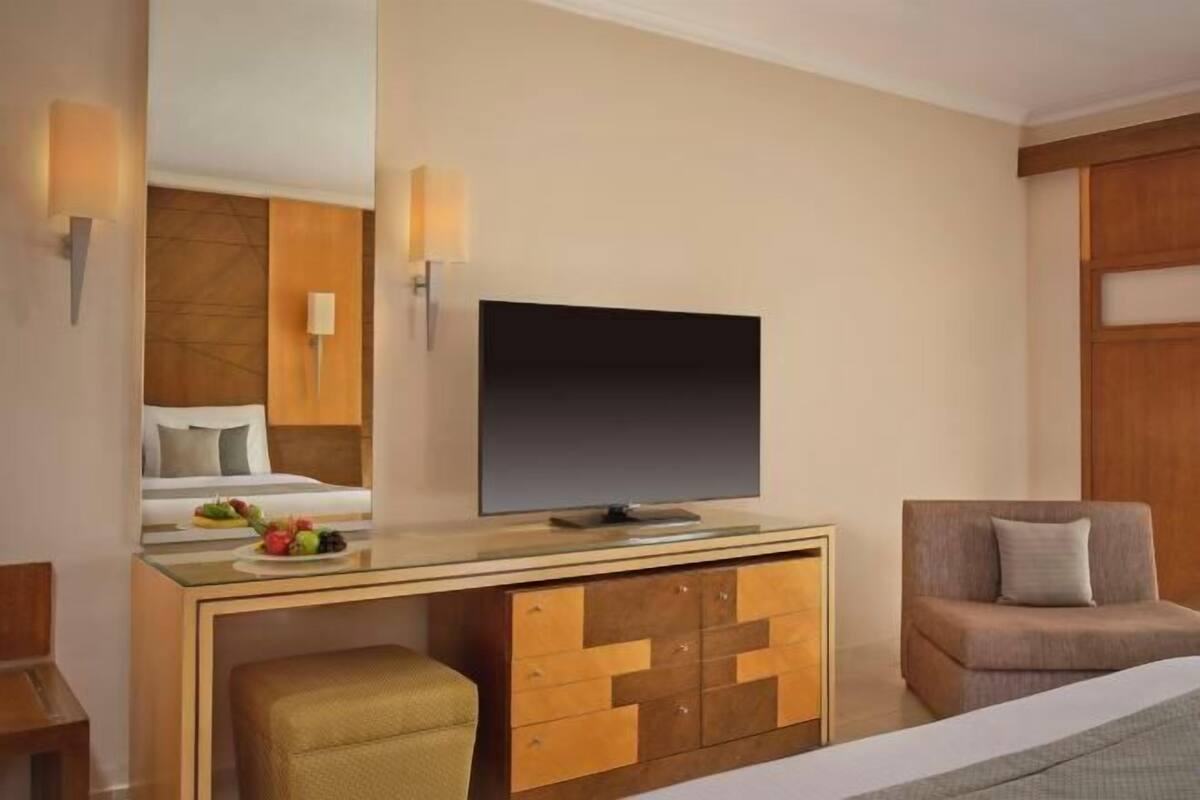 Habitación de hotel con cama, televisor sobre un soporte, escritorio con espejo y sofá.