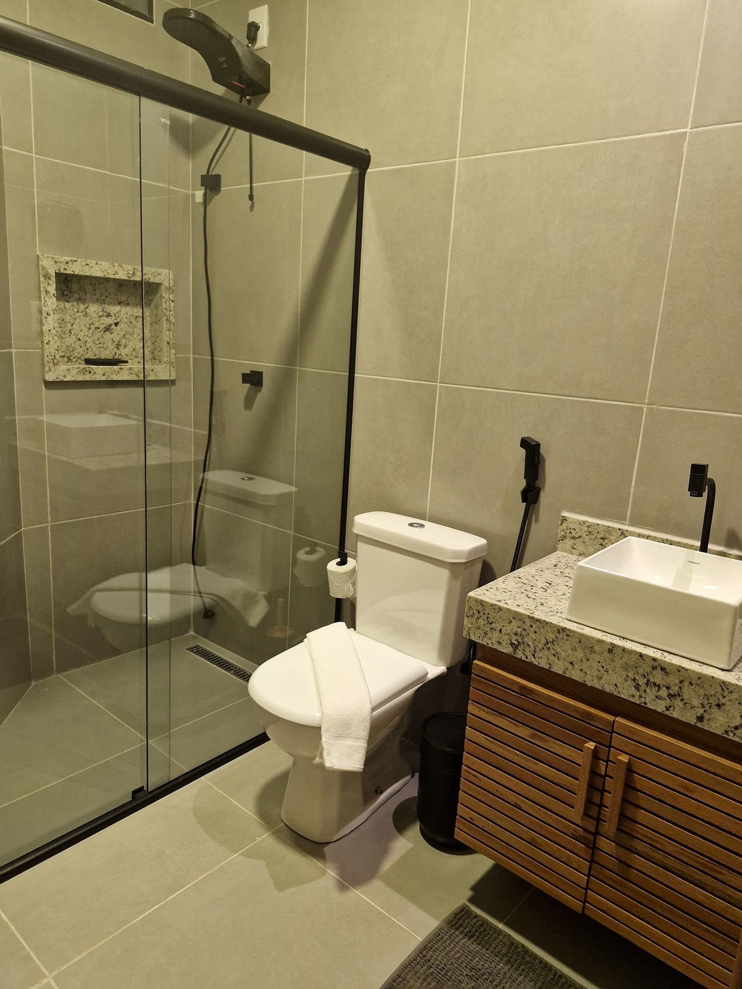 A modern bathroom with a glass shower enclosure, a toilet, a sink, and a vanity with wooden cabinets.