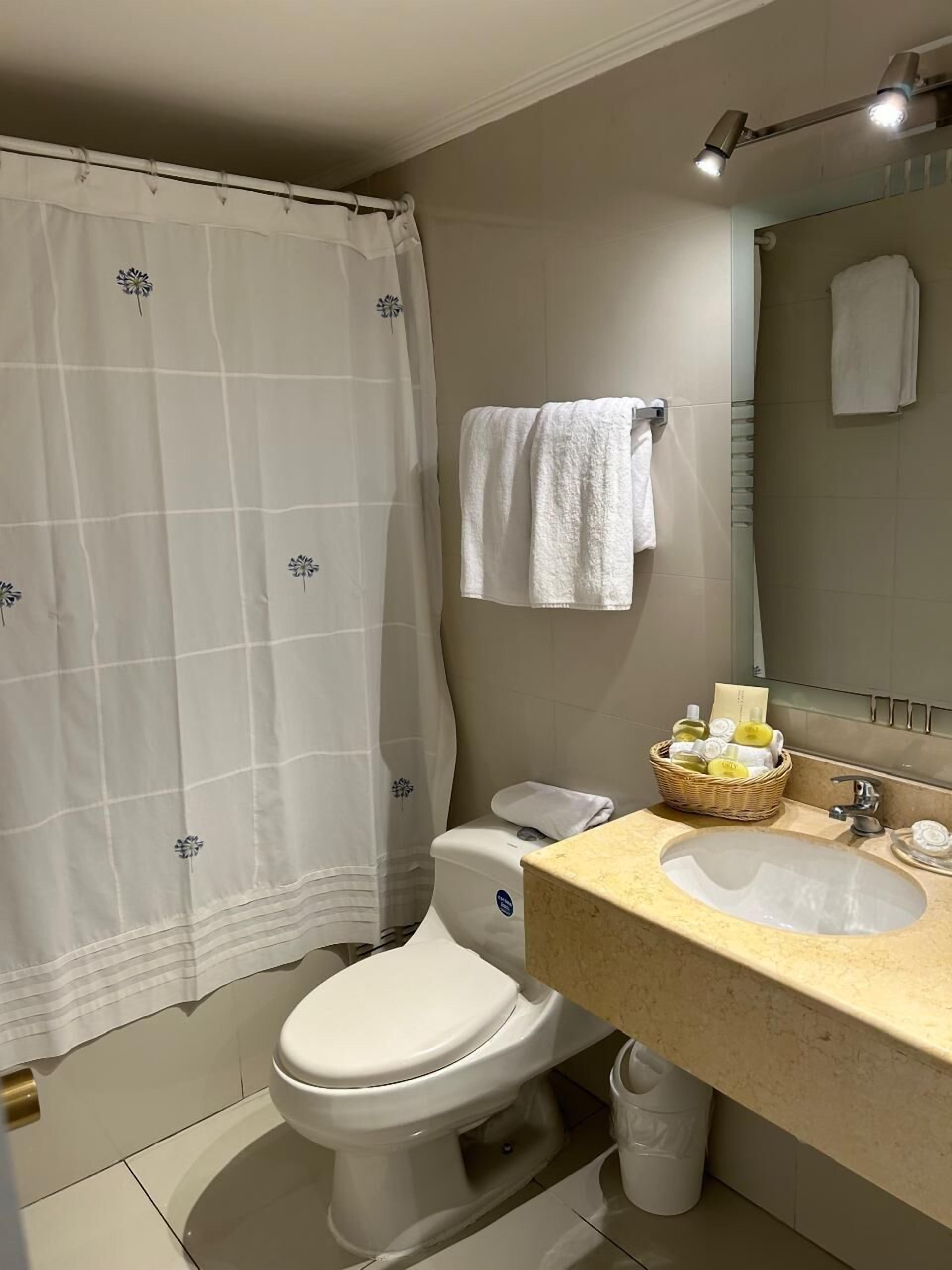 A modern bathroom with a toilet, sink, and shower curtain.