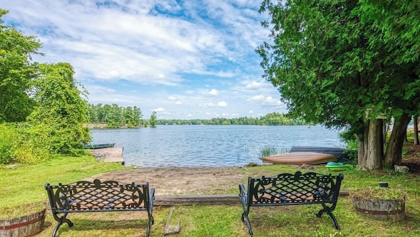 Un espace avec des bancs situé au bord du lac, offrant une vue sur le lac et les arbres.