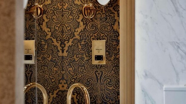 Un baño con dos lavamanos, un espejo y una pared con diseño decorativo.