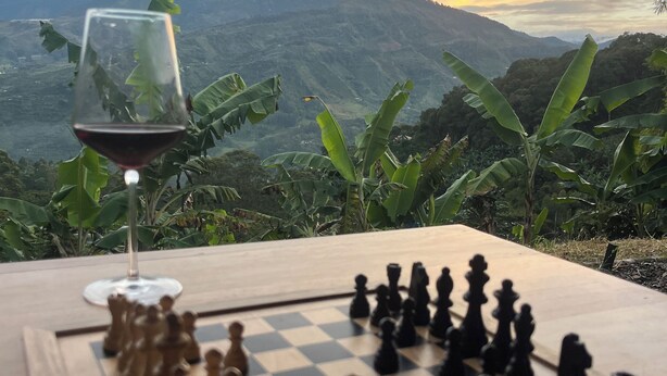 Un échiquier avec les pièces disposées sur une table en bois, un verre de vin rouge et, en arrière-plan, une vue panoramique sur les montagnes.