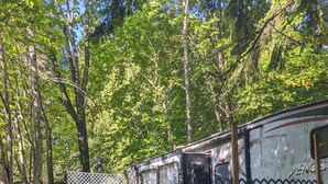 A forested campsite with a wooden deck and a RV. - 2-bedroom RV in beautiful Bowser with WiFi, AC (Bowser)