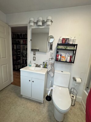 Bathroom features a sink, toilet, and toiletries on a shelf.