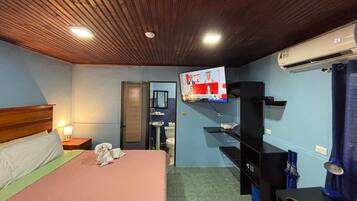 Ein Hotelzimmer mit Holzboden, einem Bett mit pinkfarbener Tagesdecke, einem an der Wand befestigten Fernseher, einem Waschbecken und einem blauen Vorhang.