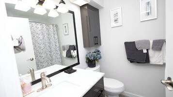 Hair dryer, towels, soap, toilet paper