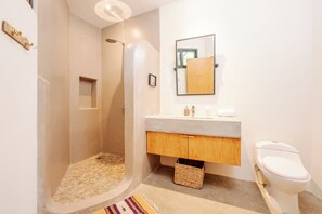 Hair dryer, towels, soap, toilet paper