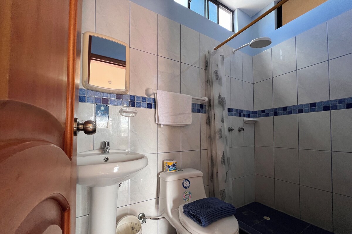 A bathroom with a toilet, sink, and shower.