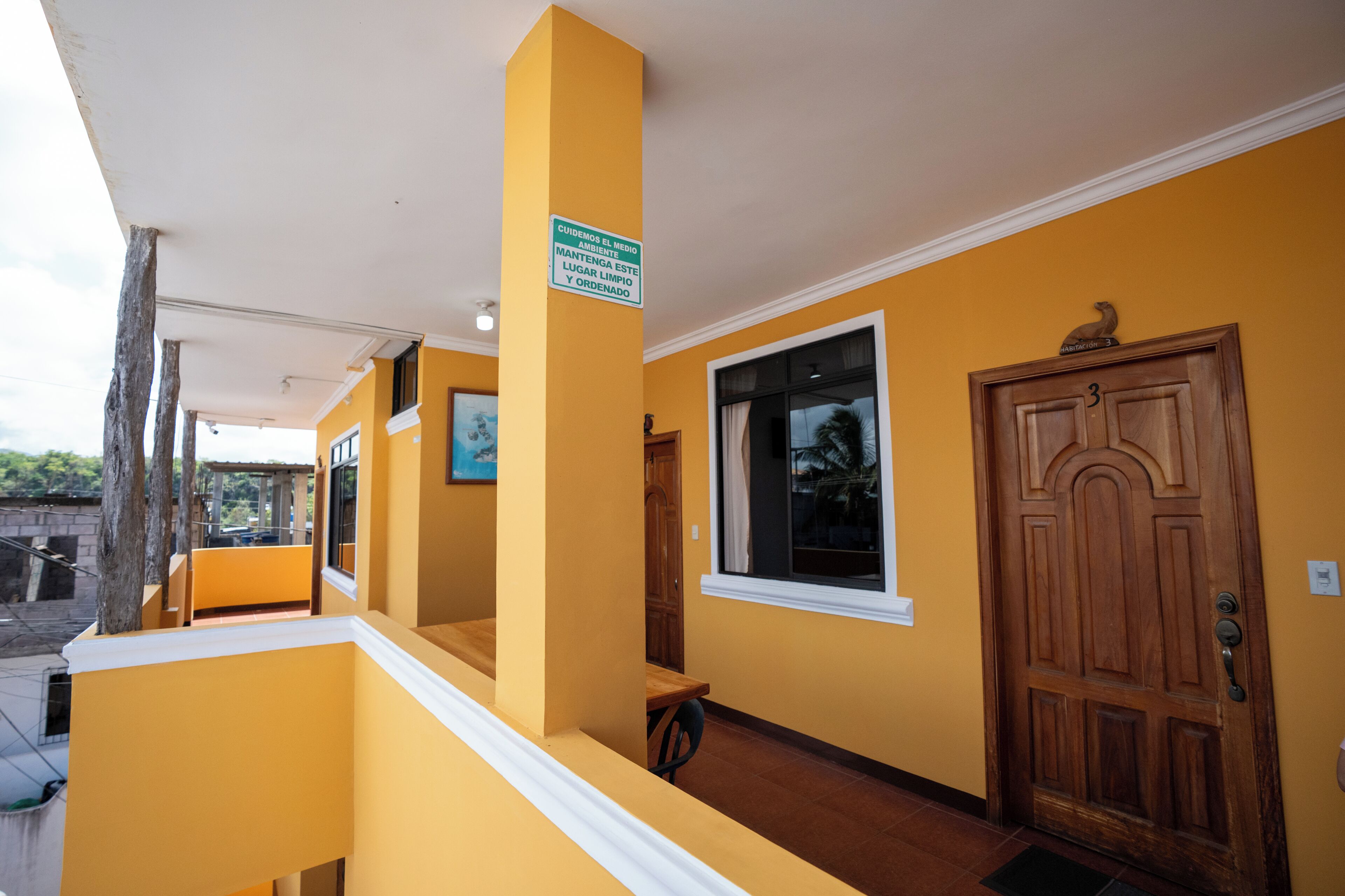A hallway with yellow walls, a wooden door, and a window with a view of palm trees.