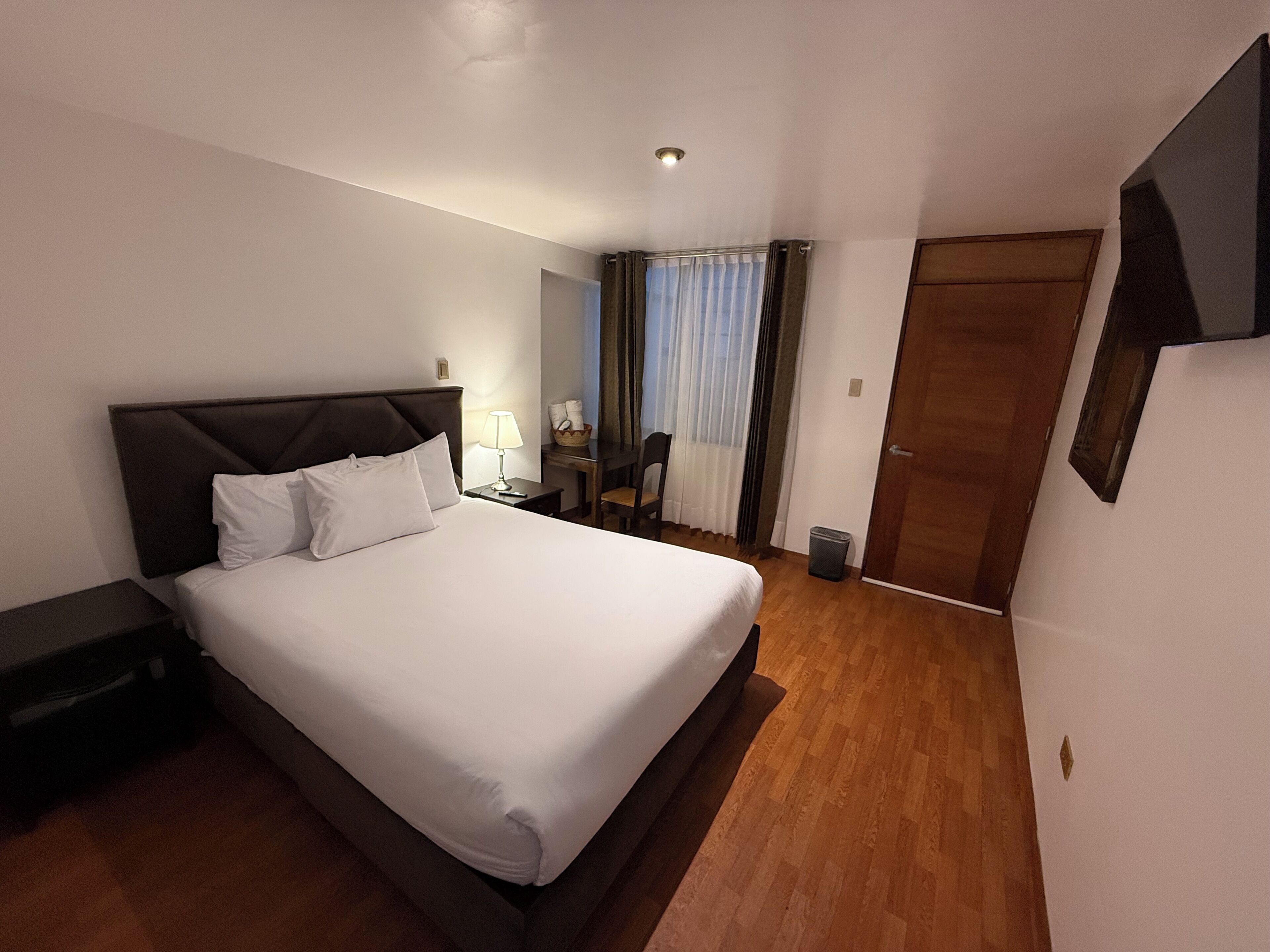Habitación de hotel con una cama grande, una mesita de noche, un escritorio con una silla, un cesto de basura y una puerta.