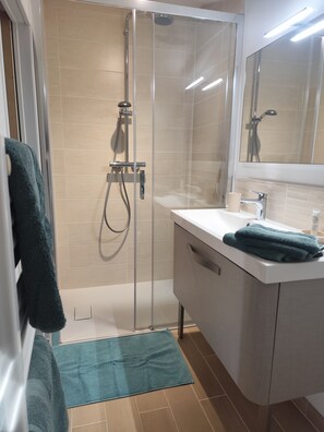 Regadera, secadora de cabello, jabón, papel de baño 