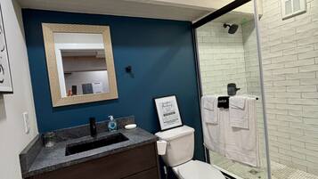 Secador de cabelo, toalhas de banho, sabonete, shampoo