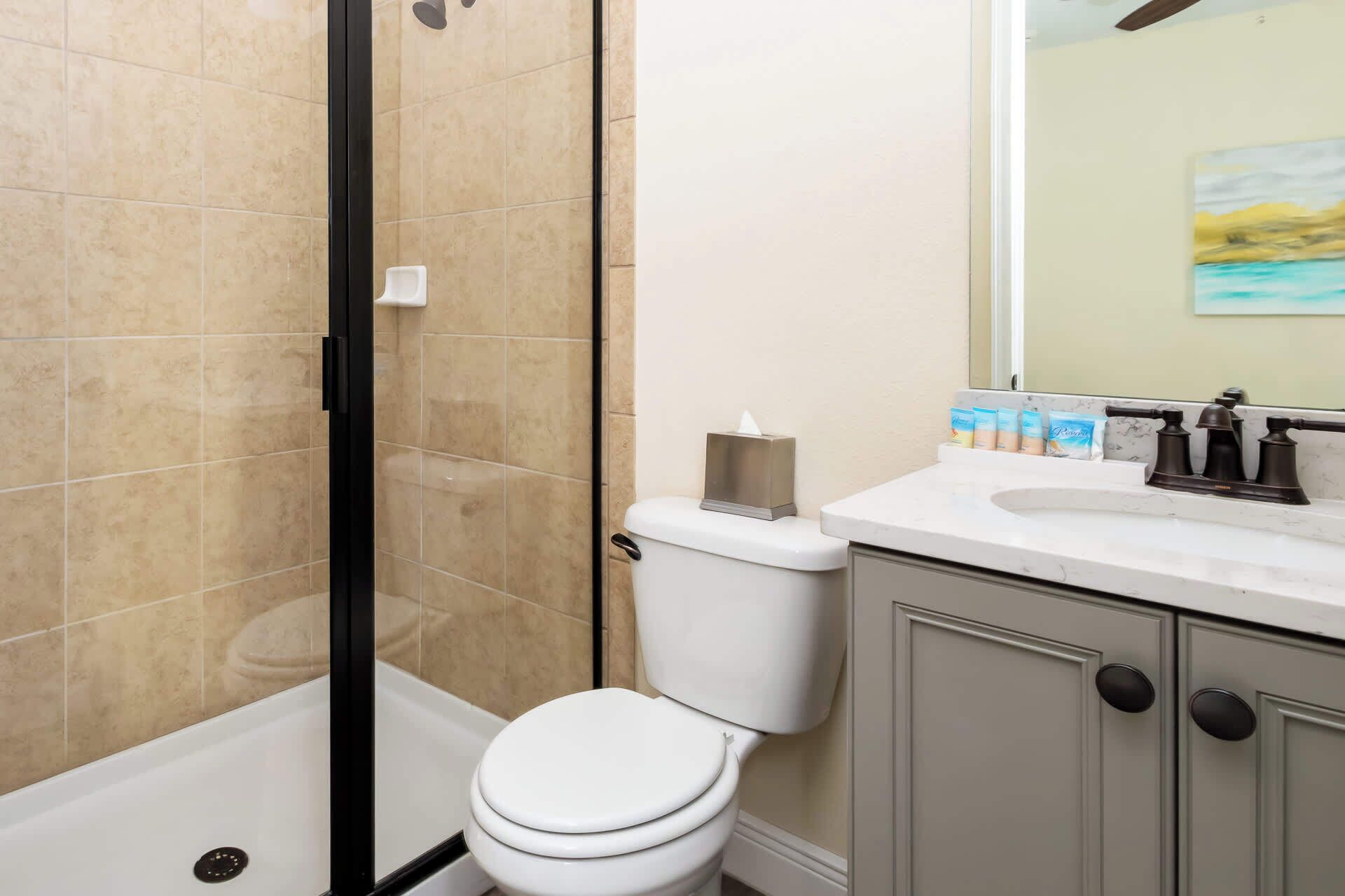 A bathroom with a toilet, a glass shower enclosure, a sink with toiletries, and a mirror.