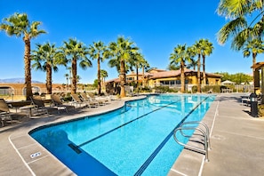 Outdoor pool, a heated pool - Indio 4000 SQ FT 5bedroom. 3 BATH, SALT, POOL , SPA, WiFi and AC, COACHELLA, (Indio)