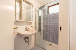 A bathroom with a white sink, a glass shower enclosure, and a mirror above the sink.