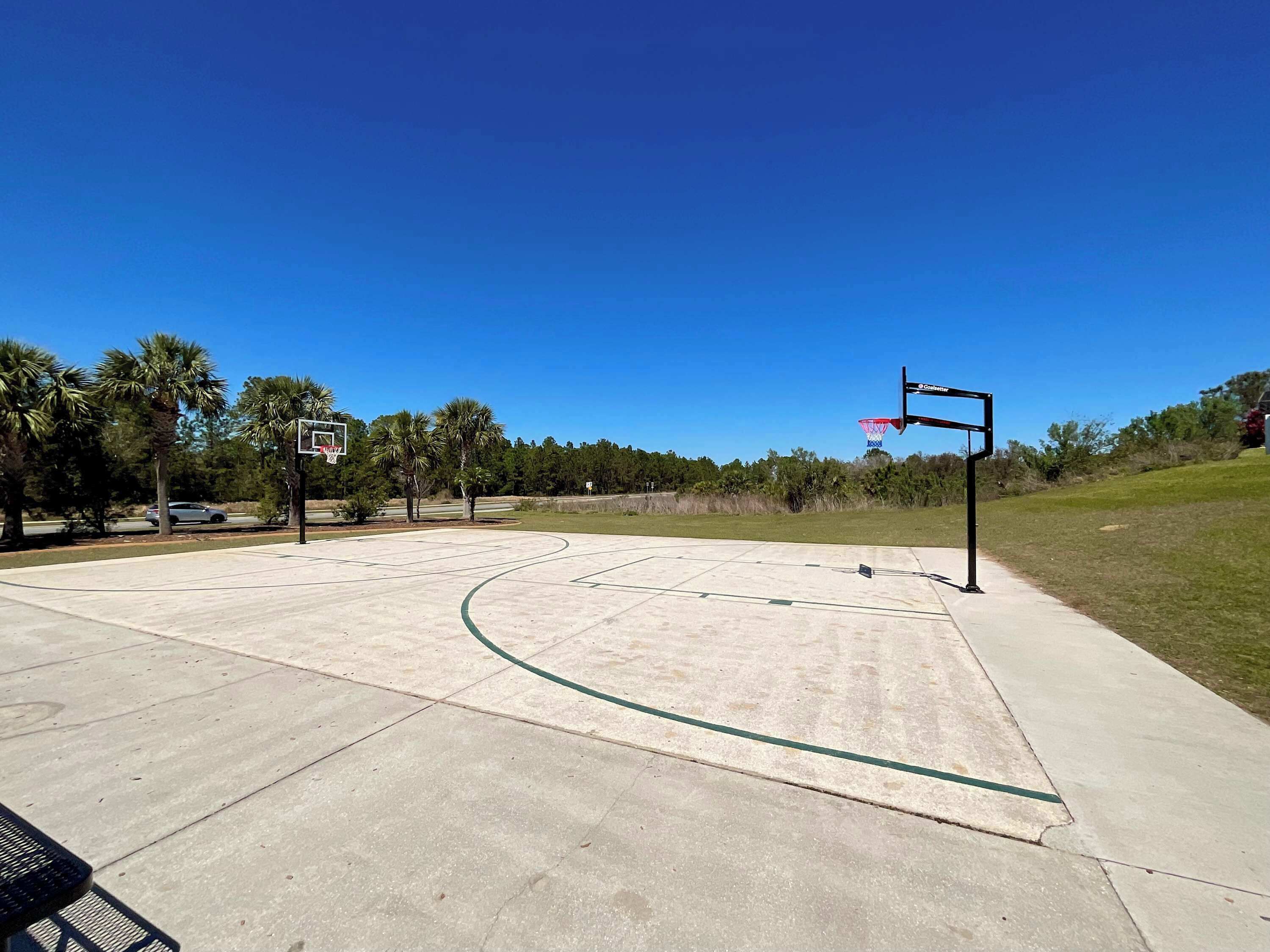 An outdoor basketball court with a hoop, palm trees, and a clear blue sky.