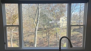 Cozinha com vista para árvores e uma casa pela janela.