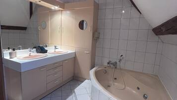 Shower, hair dryer, bidet, towels