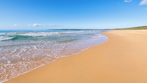 A wide sandy beach with gentle waves and a clear blue sky. - South Cantina * Currarong π€πΌππ½π¨βπ©βπ§βπ§ππ©²οΏ½ (Currarong)