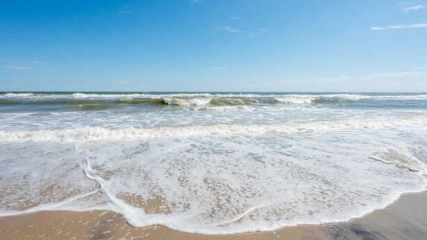 A beach with waves approaching the shore, clear skies, and a calm sea.