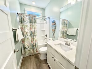 Shower, towels, soap, shampoo