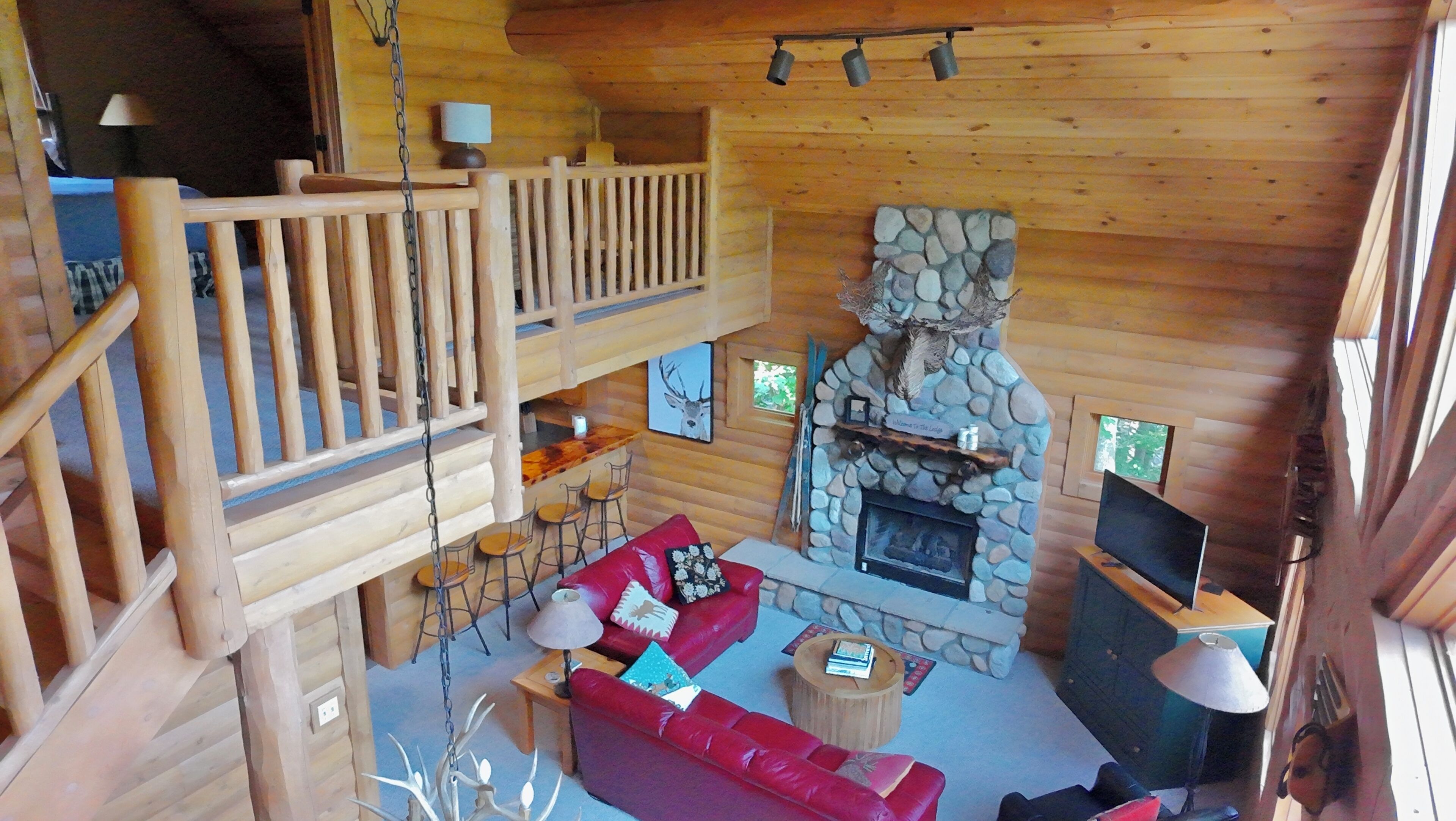 Smart TV, fireplace, books