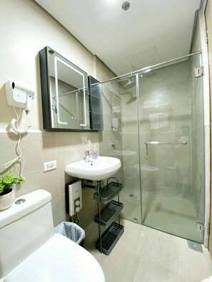 Shower, hair dryer, bidet, towels