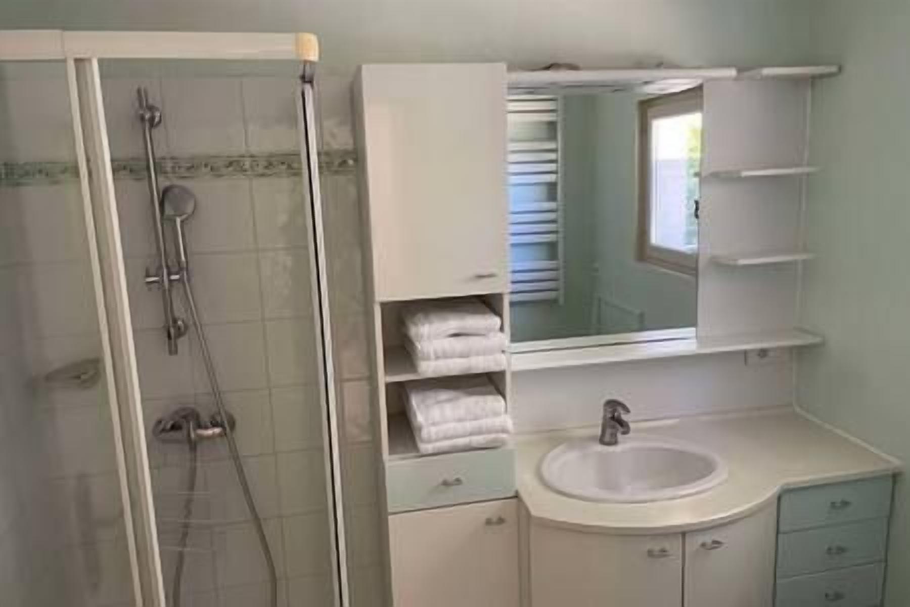 A bathroom with a shower, sink, and mirror.