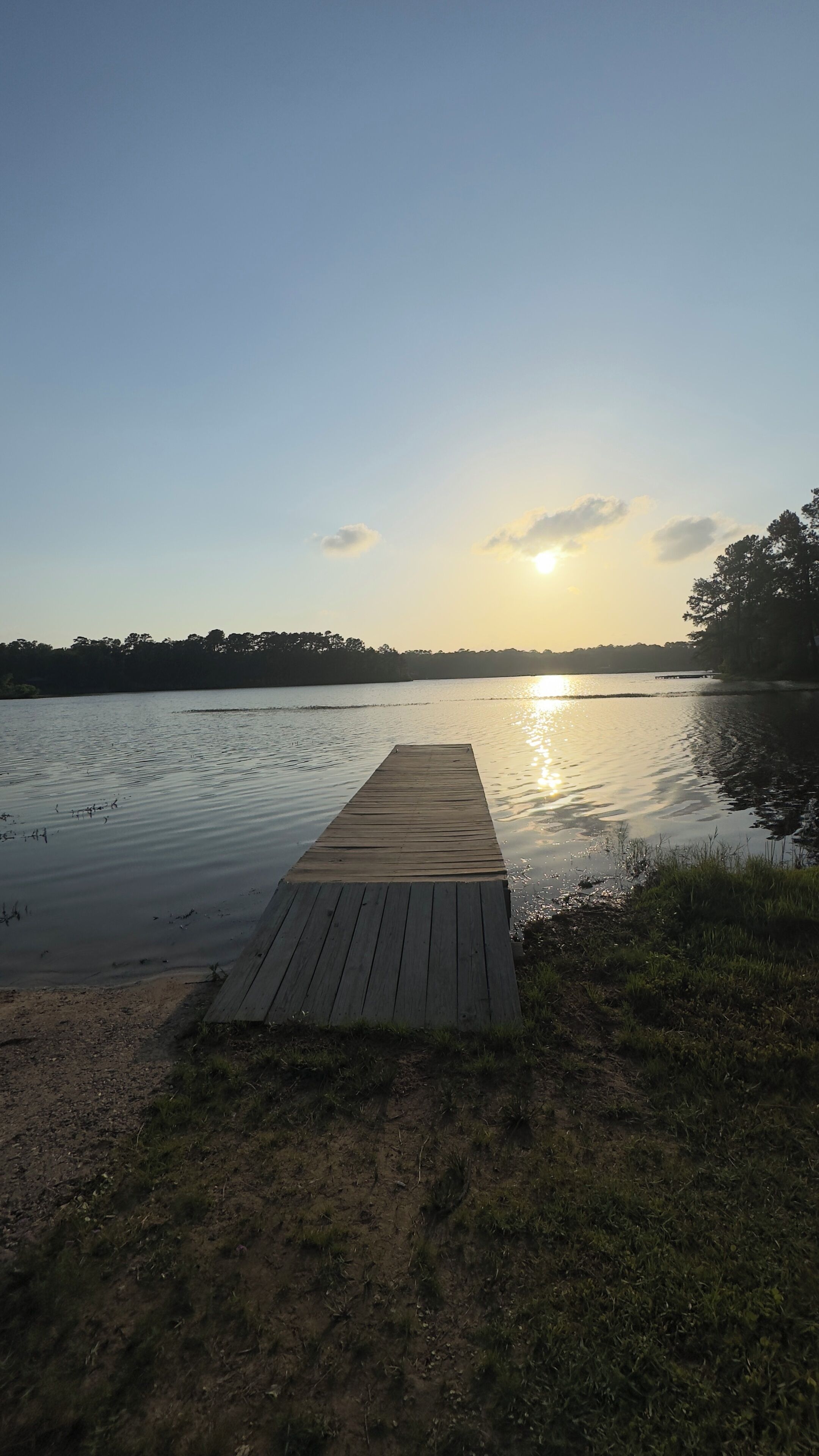 A wooden dock extending into calm water with a clear sky and trees in the background.