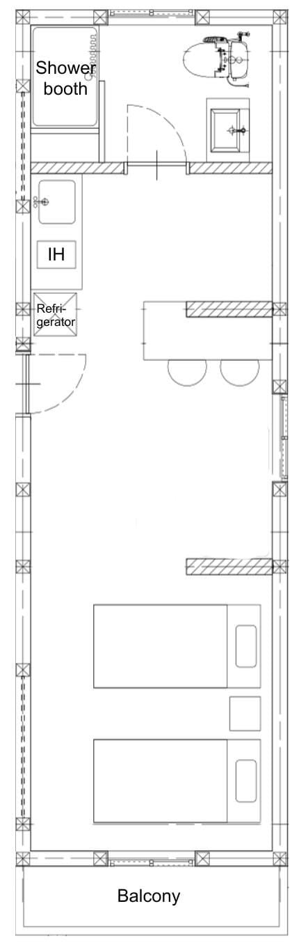 A floor plan with a shower booth, an IH (indoor heating) system, a refrigerator, and a balcony.