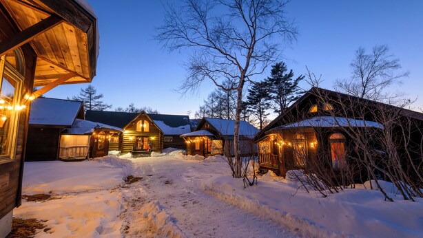 A log cabin with a snow-covered path leading to the entrance, surrounded by trees and a clear sky. - Madarao Vacances Village (Myoko)