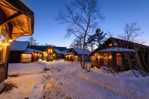 A log cabin with a snow-covered path leading to the entrance, surrounded by trees and a clear sky. - Madarao Vacances Village (Myoko)