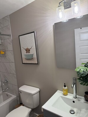 Eco-friendly toiletries, hair dryer, towels, soap